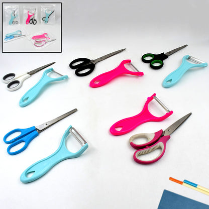 Wukusy stainless steel kitchen scissors and peeler set with mixed designs, versatile for cooking and food prep.