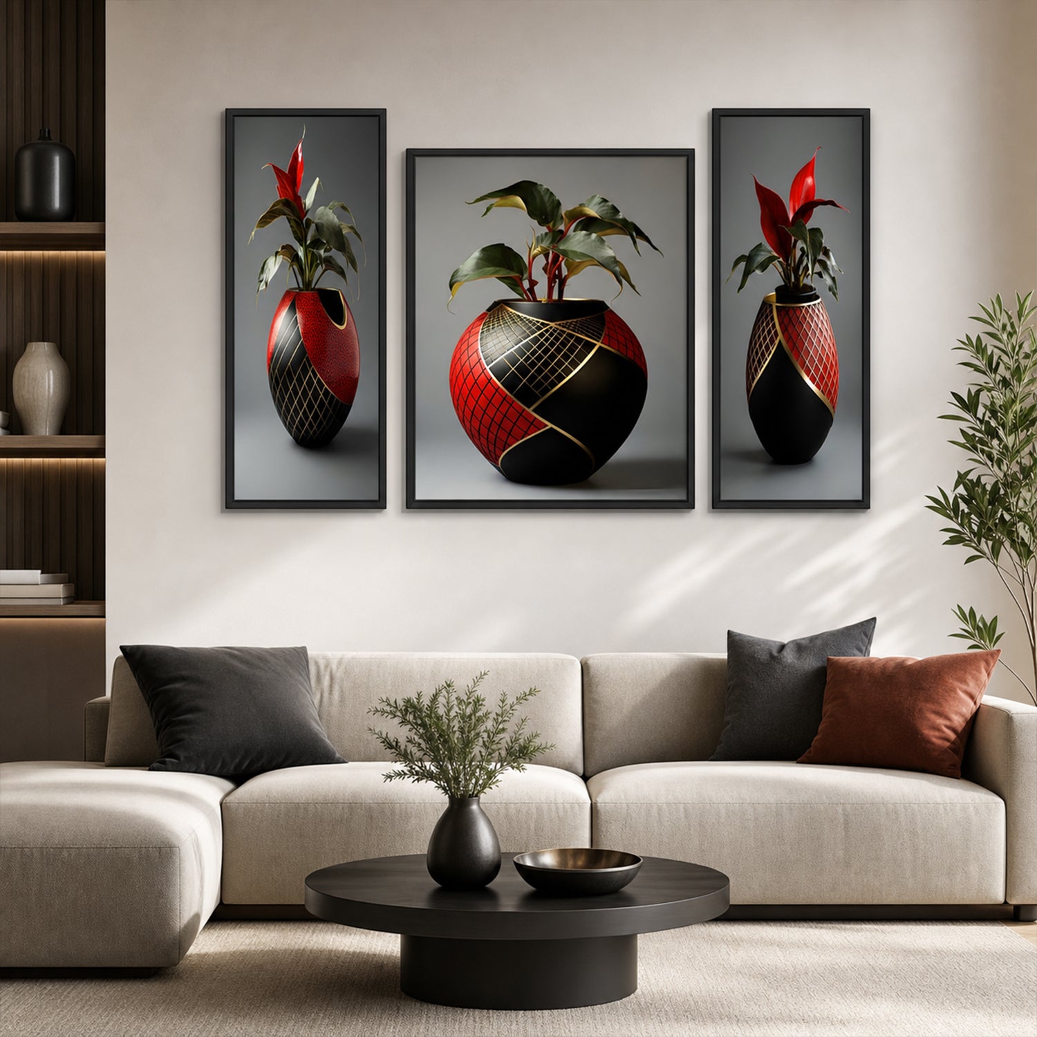 Wukusy flower vase 3-panel MDF wall frame home decor with floral art, 16.5x12 inches, featuring vibrant flower designs.