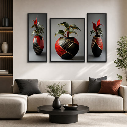 Wukusy flower vase 3-panel MDF wall frame home decor with floral art, 16.5x12 inches, featuring vibrant flower designs.