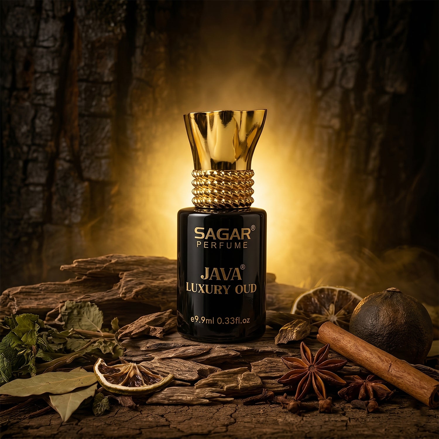 Wukusy Sagar Java Luxury Oud Roll-on Attar perfume oil in 9.9ml bottle, alcohol-free fragrance for men and women, elegant design.