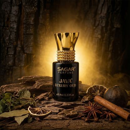 Wukusy Sagar Java Luxury Oud Roll-on Attar perfume oil in 9.9ml bottle, alcohol-free fragrance for men and women, elegant design.