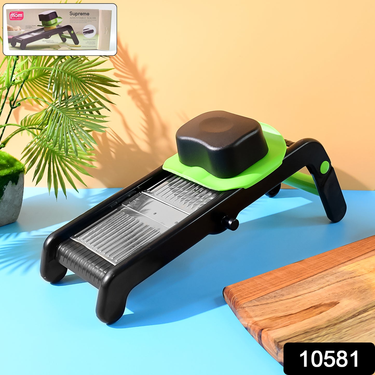 Wukusy Supermom Supreme adjustable slicer with stainless steel blades for precise vegetable and fruit slicing.