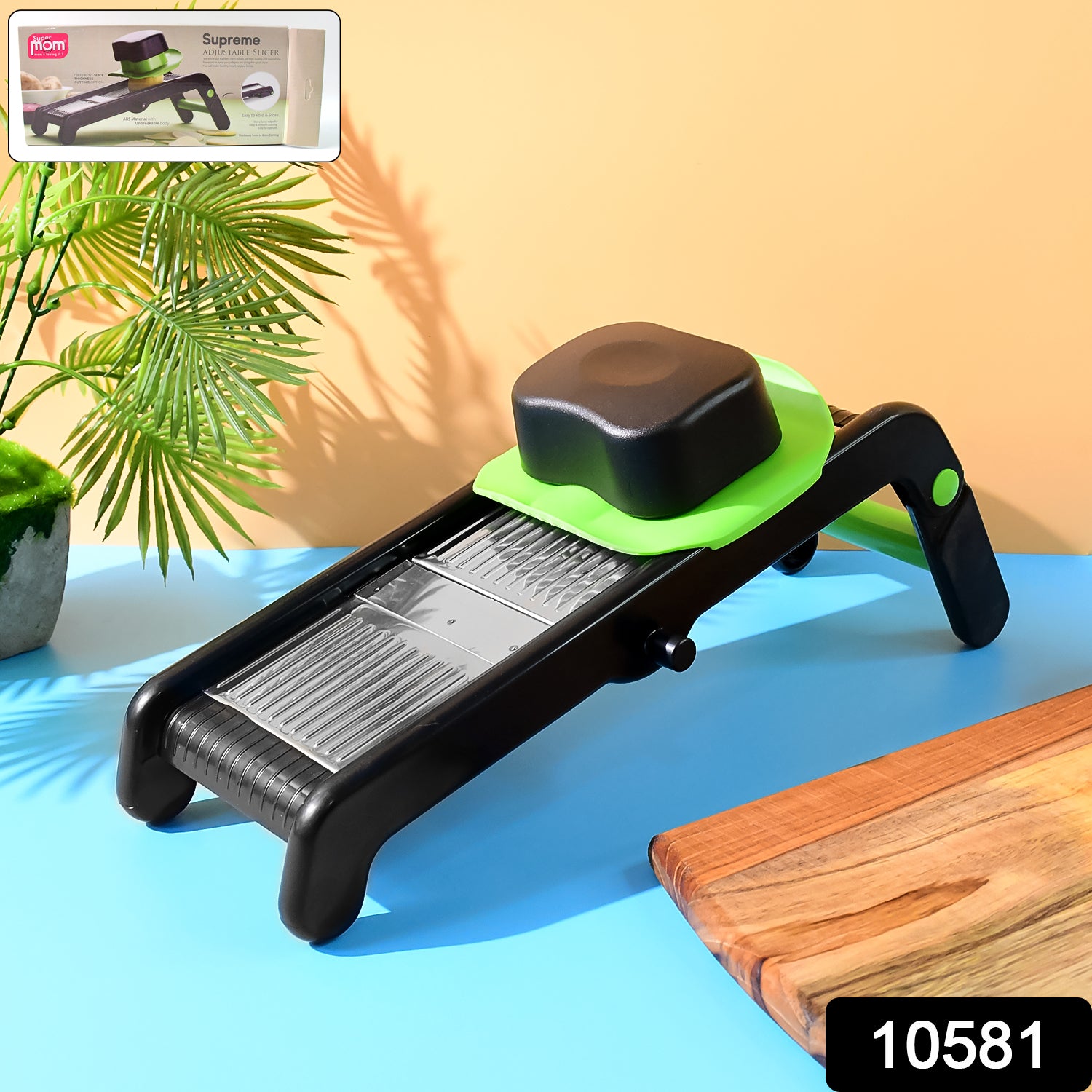 Wukusy Supermom Supreme adjustable slicer with stainless steel blades for precise vegetable and fruit slicing.
