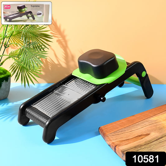 Wukusy Supermom Supreme adjustable slicer with stainless steel blades for precise vegetable and fruit slicing.