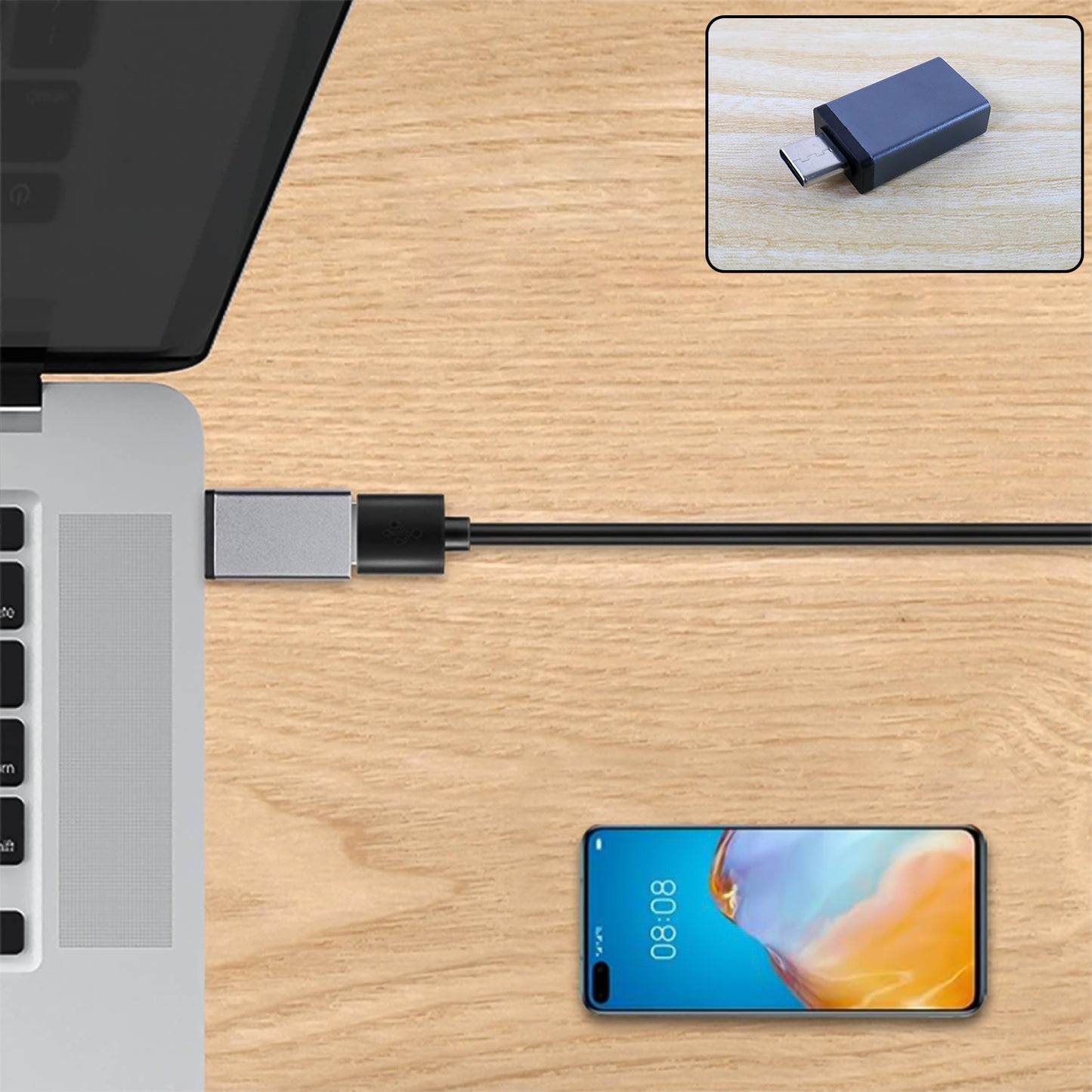 Wukusy Type-C OTG adapter pen drive connected to a laptop, showcasing portable data storage and quick file transfer capabilities.