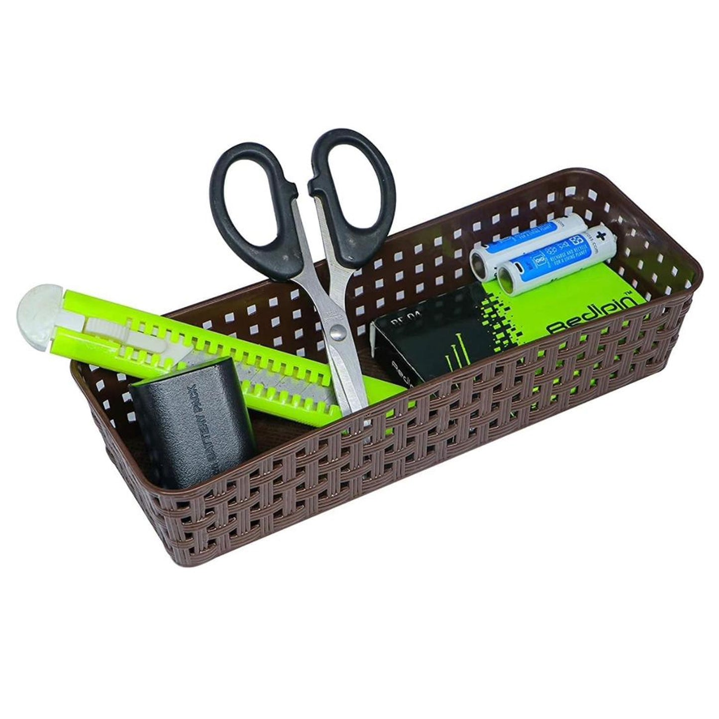 Set of six Wukusy plastic multipurpose desk organizer trays with colorful dividers for office, kitchen, bathroom, or bedroom storage.