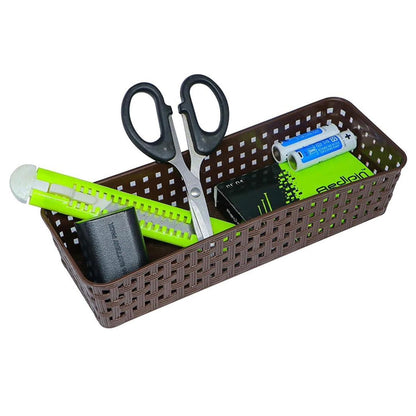 Set of six Wukusy plastic multipurpose desk organizer trays with colorful dividers for office, kitchen, bathroom, or bedroom storage.