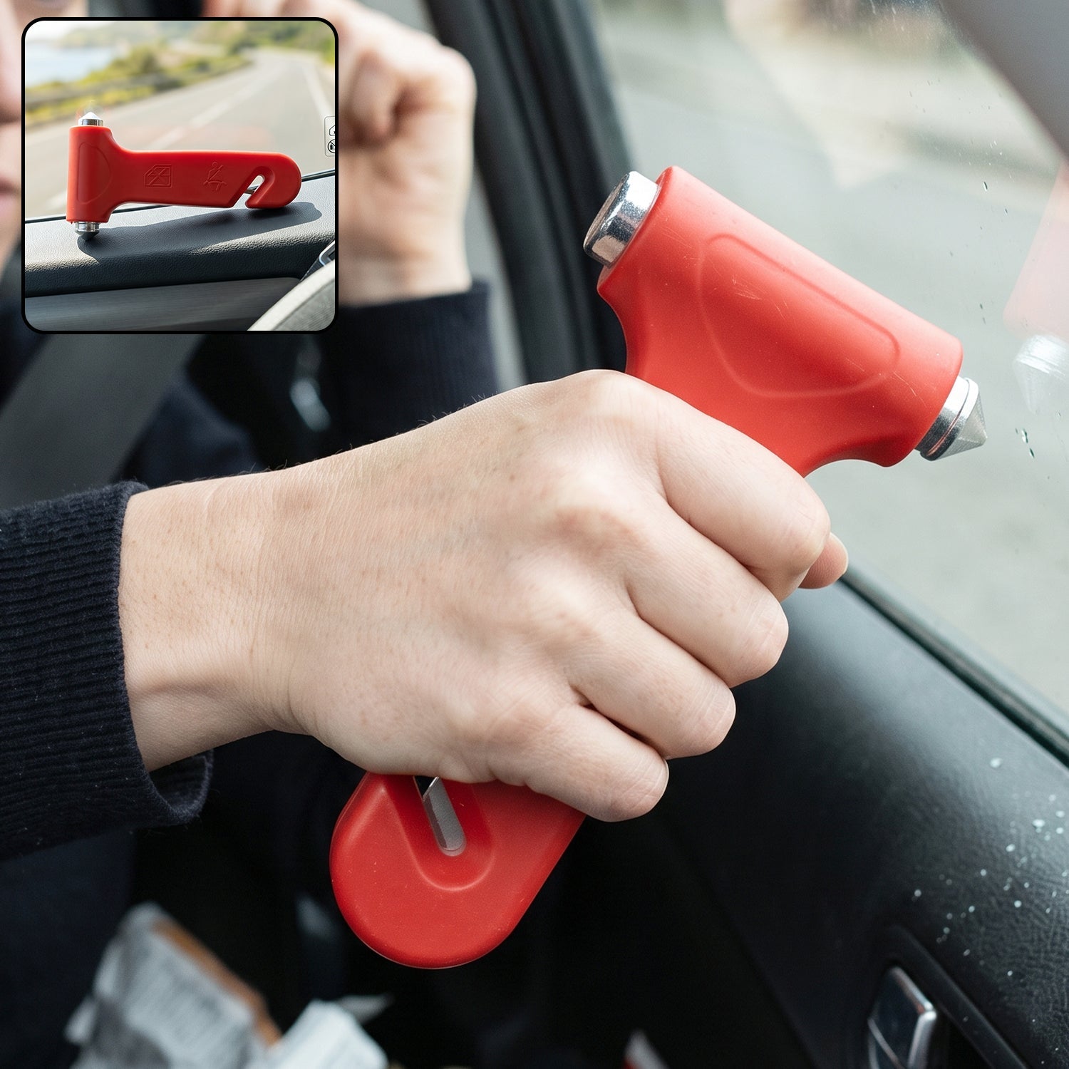 Wukusy 2-in-1 car safety hammer with emergency window breaker and seatbelt cutter on a white background.