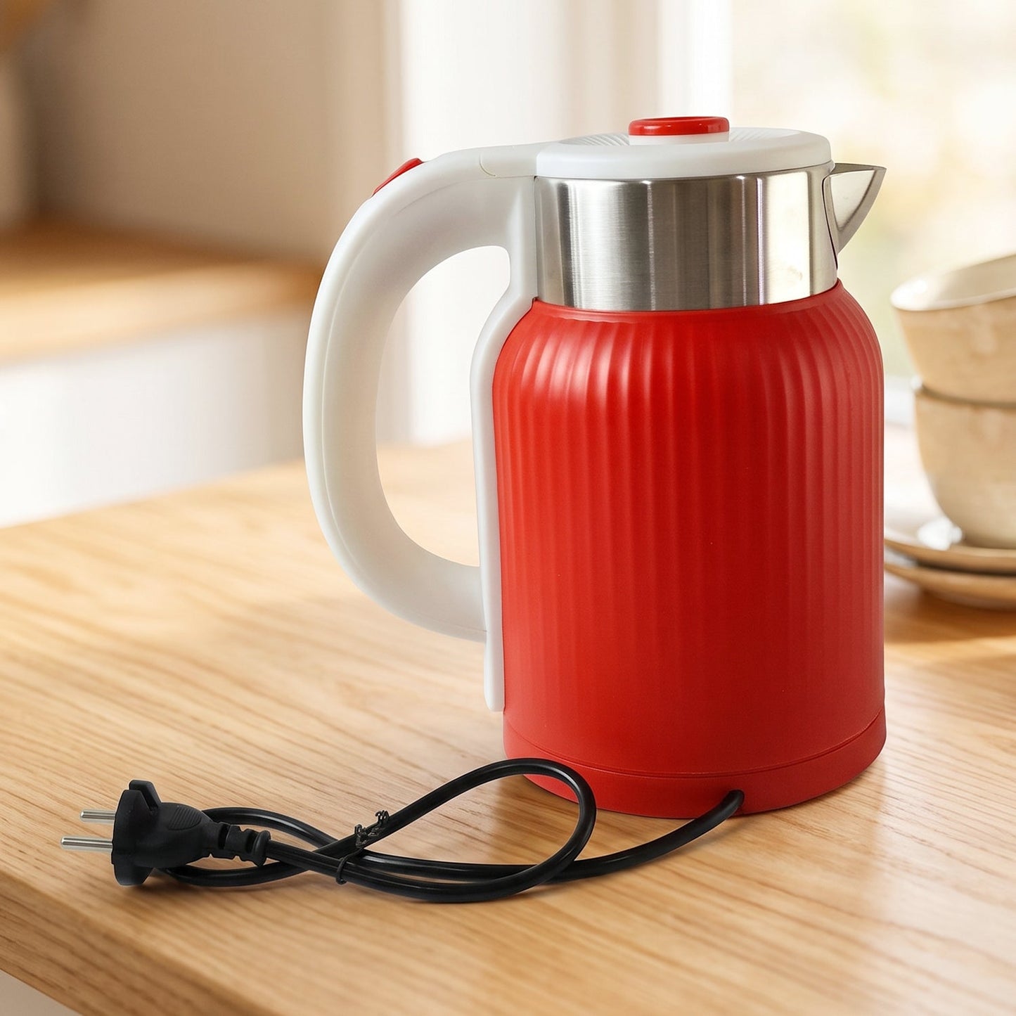 Red Wukusy electric kettle with 2-liter capacity and 1500W power, suitable for tea, coffee, hot water, and milk.