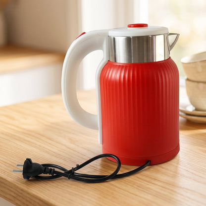 Red Wukusy electric kettle with 2-liter capacity and 1500W power, suitable for tea, coffee, hot water, and milk.