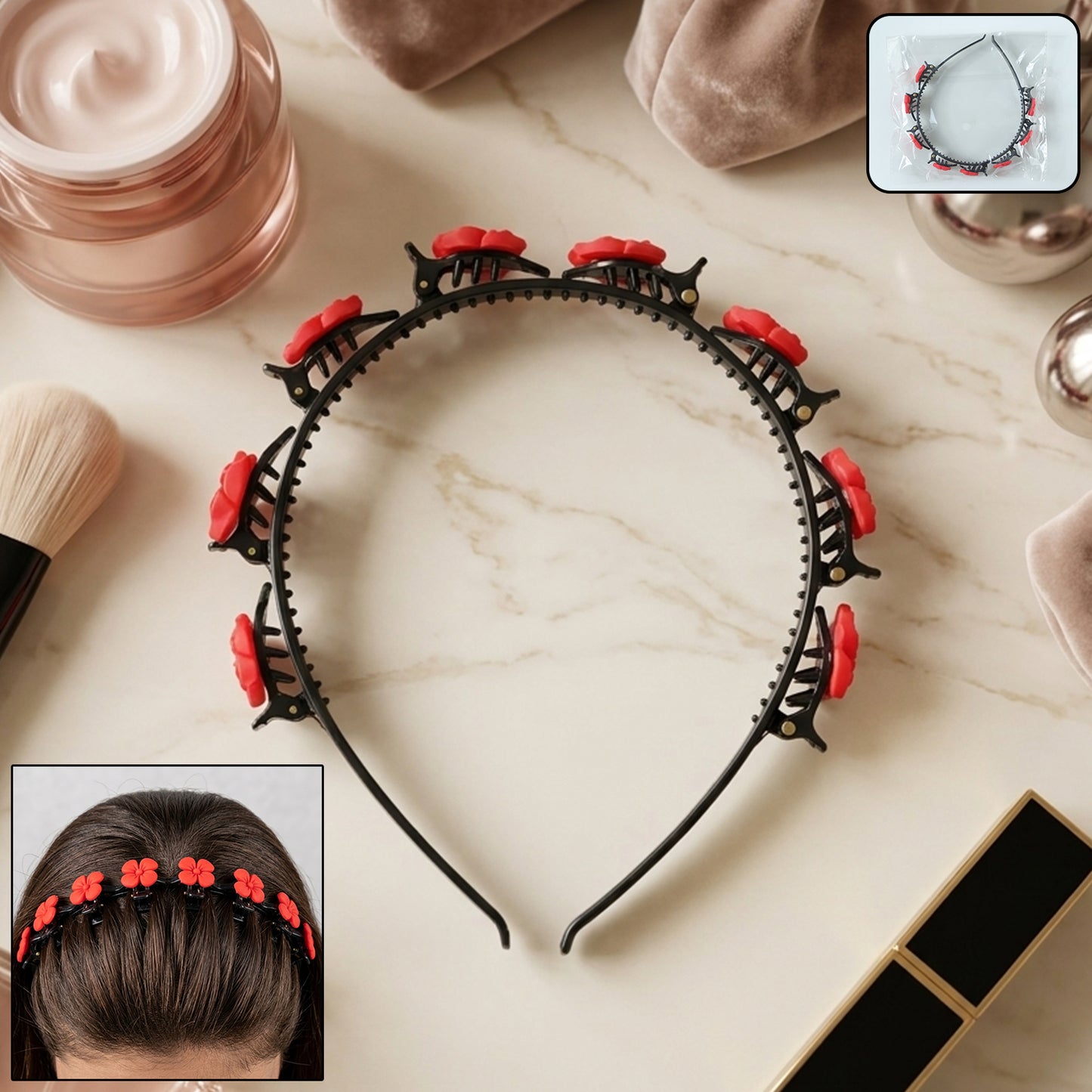 Wukusy decorative floral headband with built-in mini claw clips, featuring colorful fabric flowers and a stylish hair accessory design.