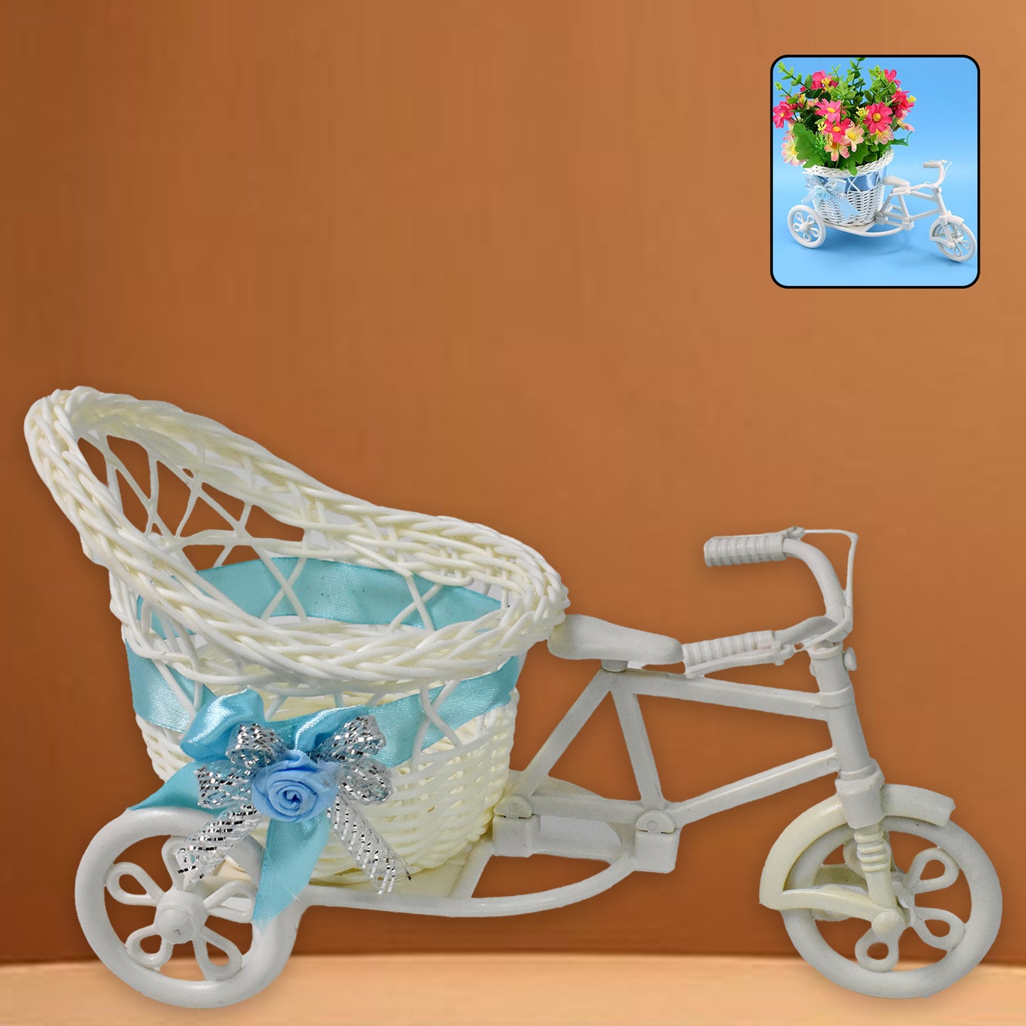 Plastic bicycle flower vase stand for home decor, featuring a cycle-shaped design with colorful flower pots by Wukusy.