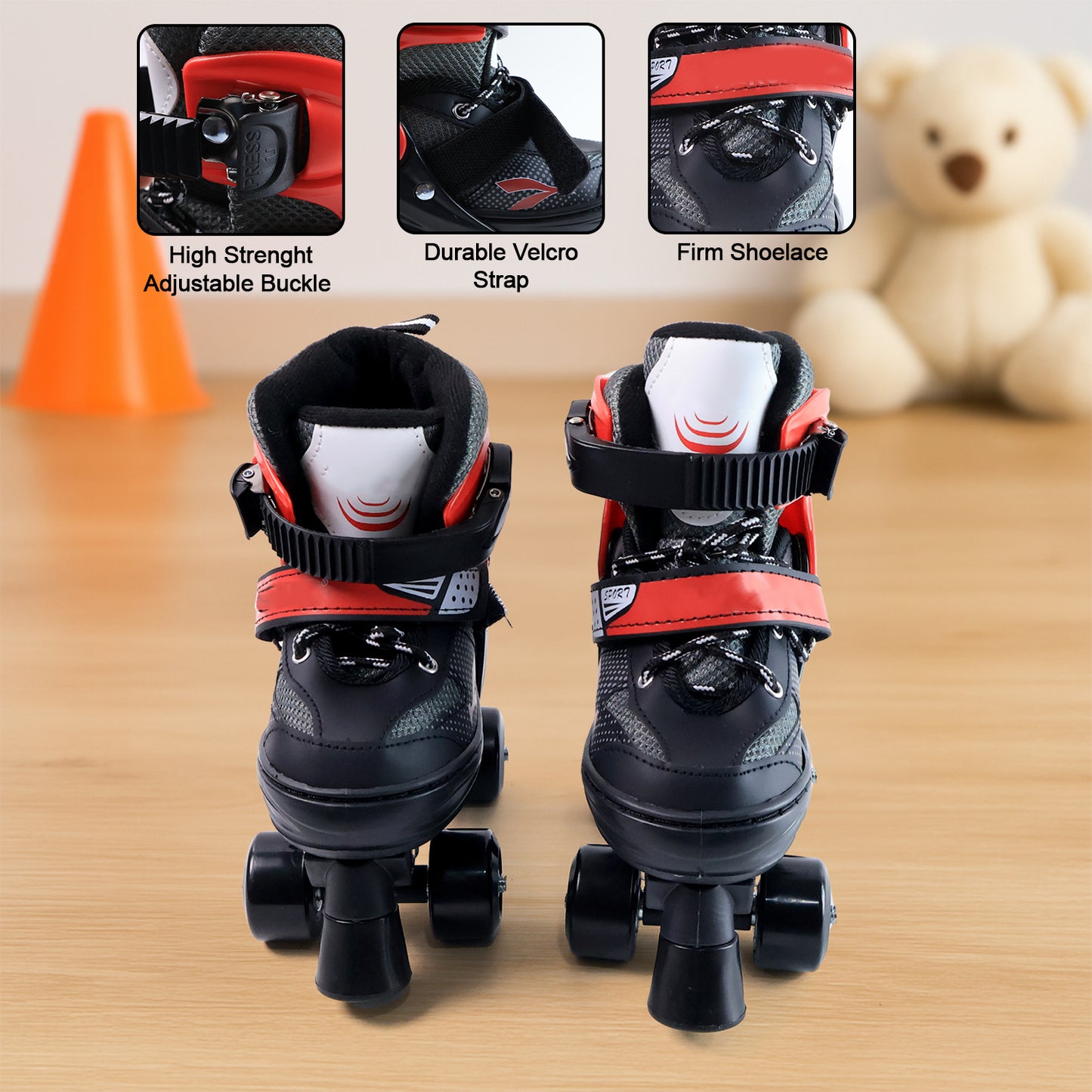 Wukusy adjustable quad roller skates for kids with colorful wheels and sturdy design, perfect for outdoor fun and skating adventures.