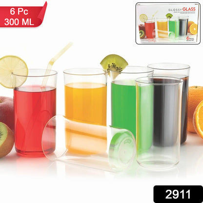 Six glossy plastic glasses by Wukusy, 300 ml each, suitable for home and kitchen use, with a sleek, shiny finish.