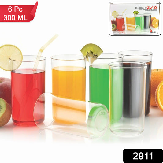 Six glossy plastic glasses by Wukusy, 300 ml each, suitable for home and kitchen use, with a sleek, shiny finish.