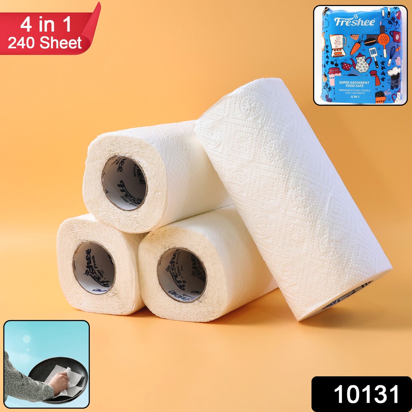 Wukusy Freshee super-absorbent kitchen roll 4-in-1 paper towels, 4 rolls with 60 sheets each, ideal for cleaning and kitchen use.