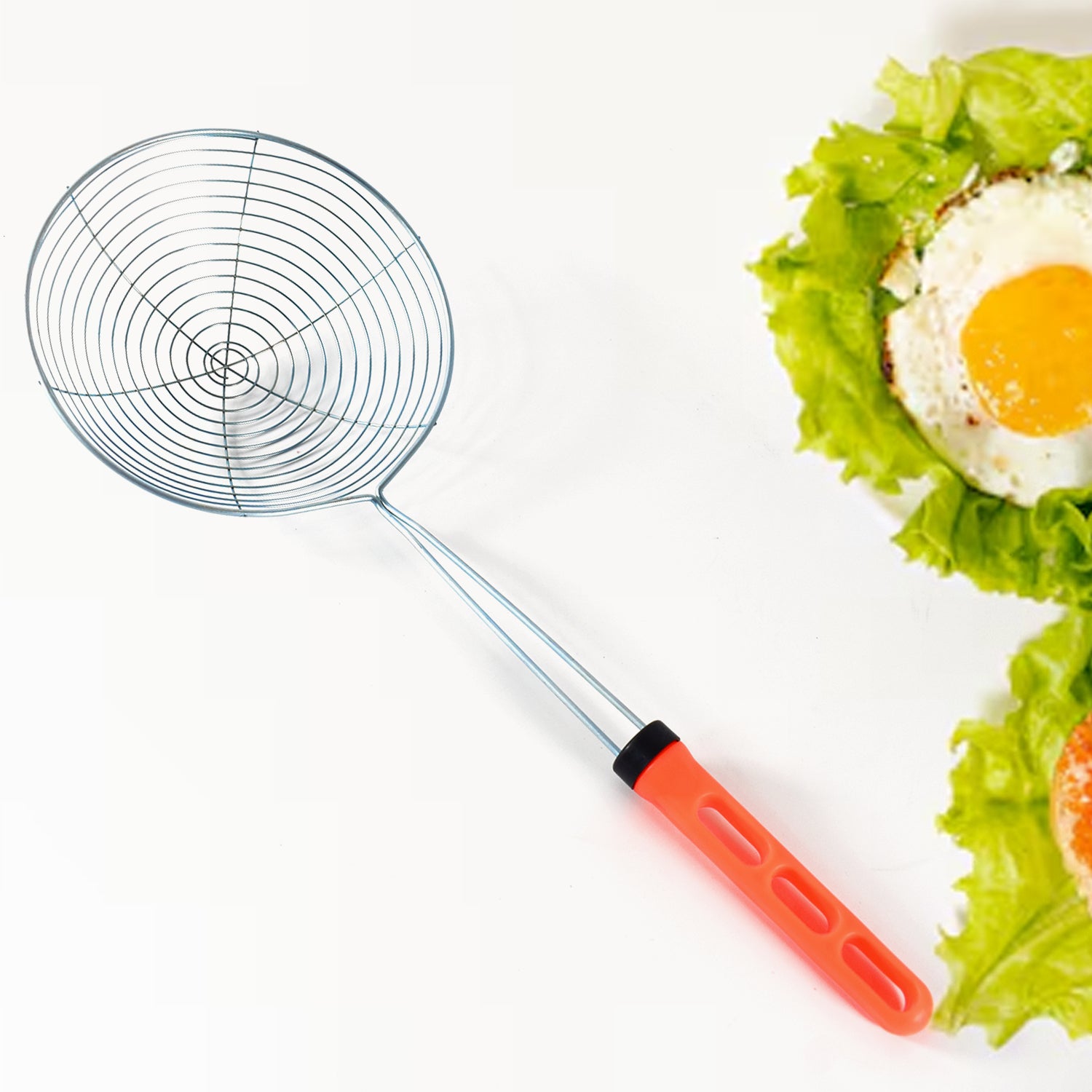 Stainless steel deep fry strainer by Wukusy with fine mesh for draining oil and food in home kitchen use.