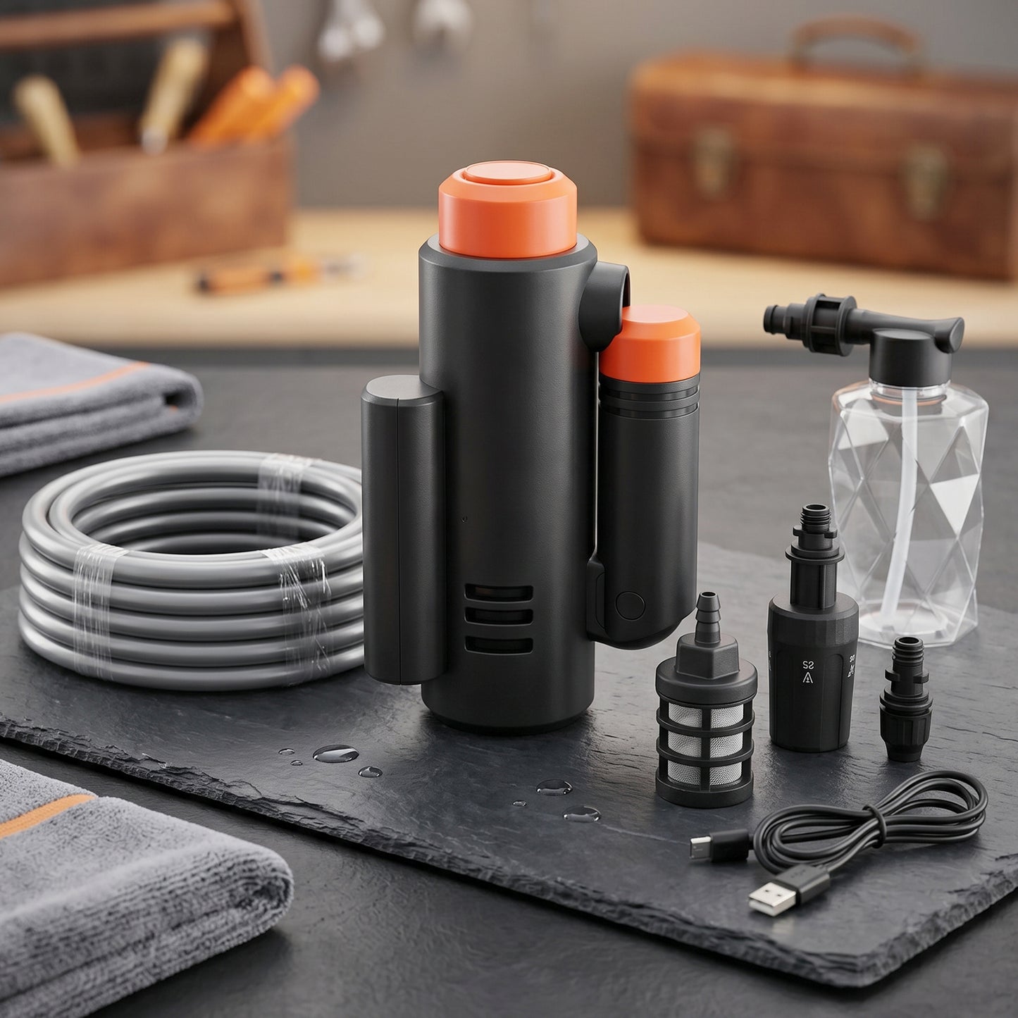 Wukusy portable cordless high-pressure car washer with spray nozzle, compact design for effortless vehicle cleaning.