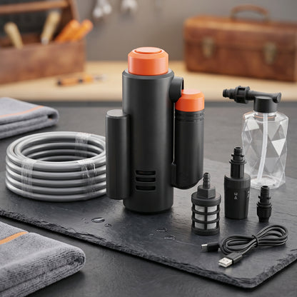Wukusy portable cordless high-pressure car washer with spray nozzle, compact design for effortless vehicle cleaning.