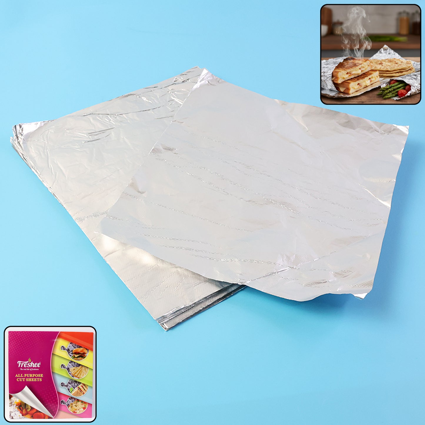 Wukusy aluminium foil cut sheets, 220x250 mm, 50 sheets, ideal for kitchen cooking and food wrapping, in a stack.