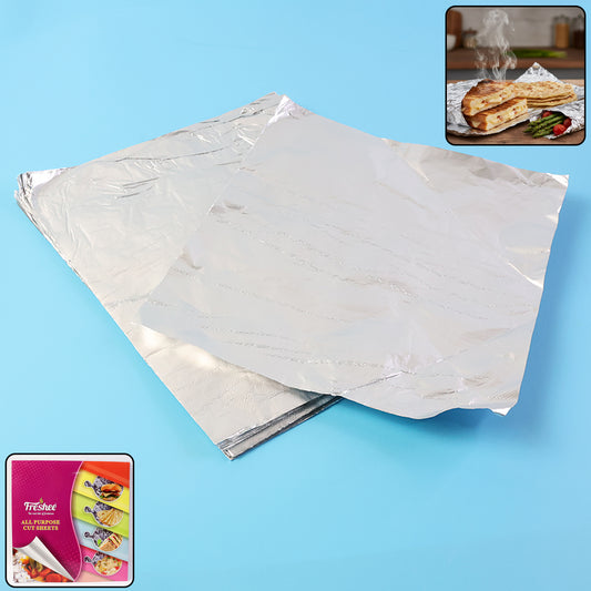 Wukusy aluminium foil cut sheets, 220x250 mm, 50 sheets, ideal for kitchen cooking and food wrapping, in a stack.