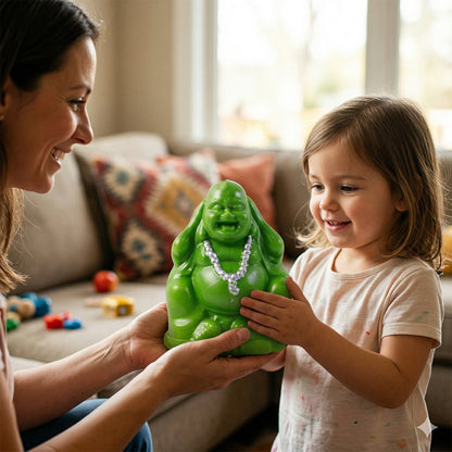 Wukusy Laughing Buddha money bank coin saving box, ceramic figurine with a cheerful expression and coin slot on top.
