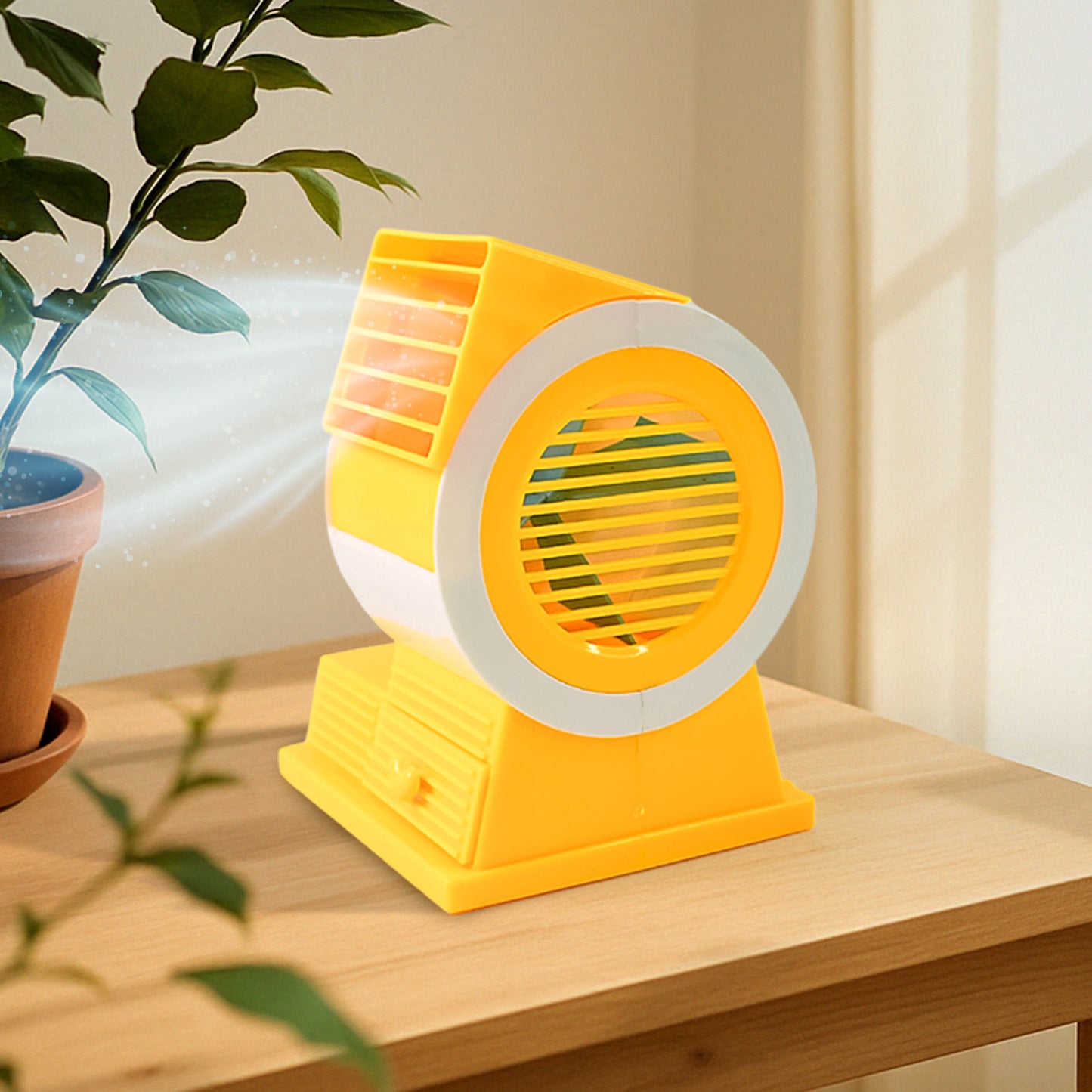 Mini Wukusy dual-blade portable USB table fan, compact office fan with dual blades, shown on a desk.