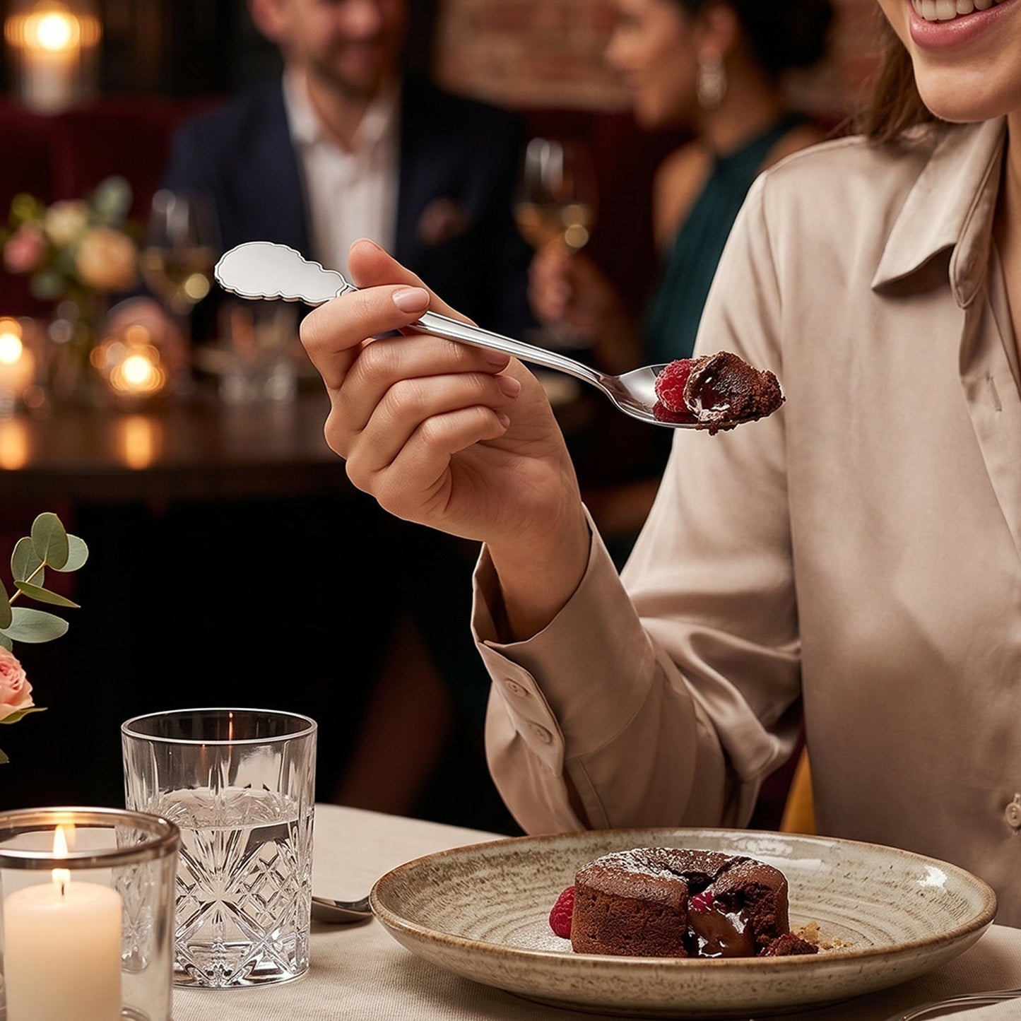 Wukusy stainless steel carved handle dinner spoon with intricate design, ideal for dining and kitchen use.