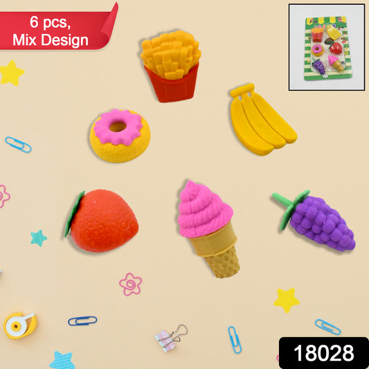 Colorful 3D food-themed eraser set by Wukusy featuring cute, creative mini erasers in various designs for children and office use.