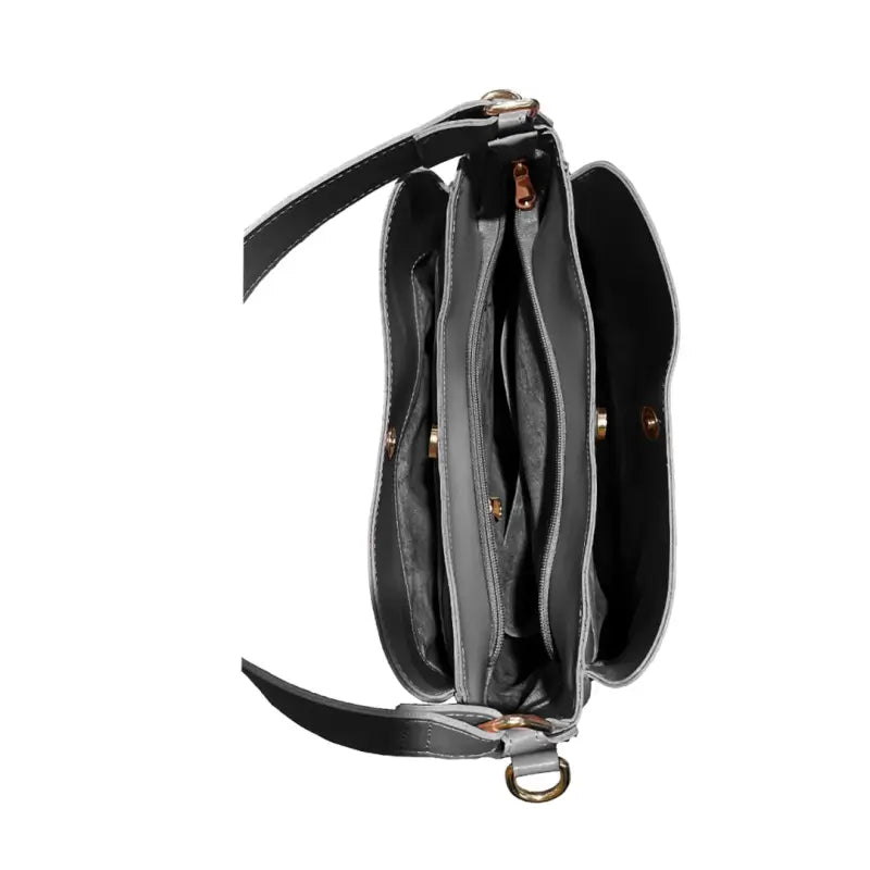 Black vegan leather shoulder bag with adjustable strap, spacious, water-resistant, ideal for camping and hiking activities.