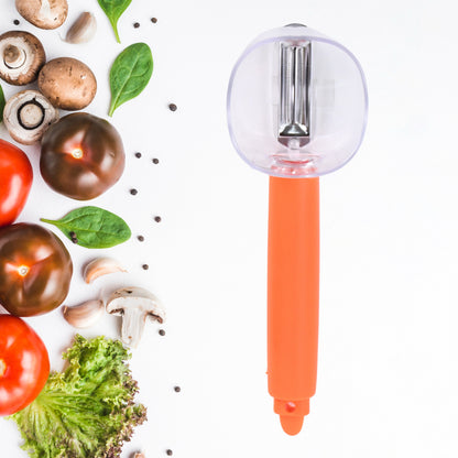 Wukusy stainless steel vegetable peeler with container, perfect for carrots, cucumbers, apples, and other fruits and vegetables.