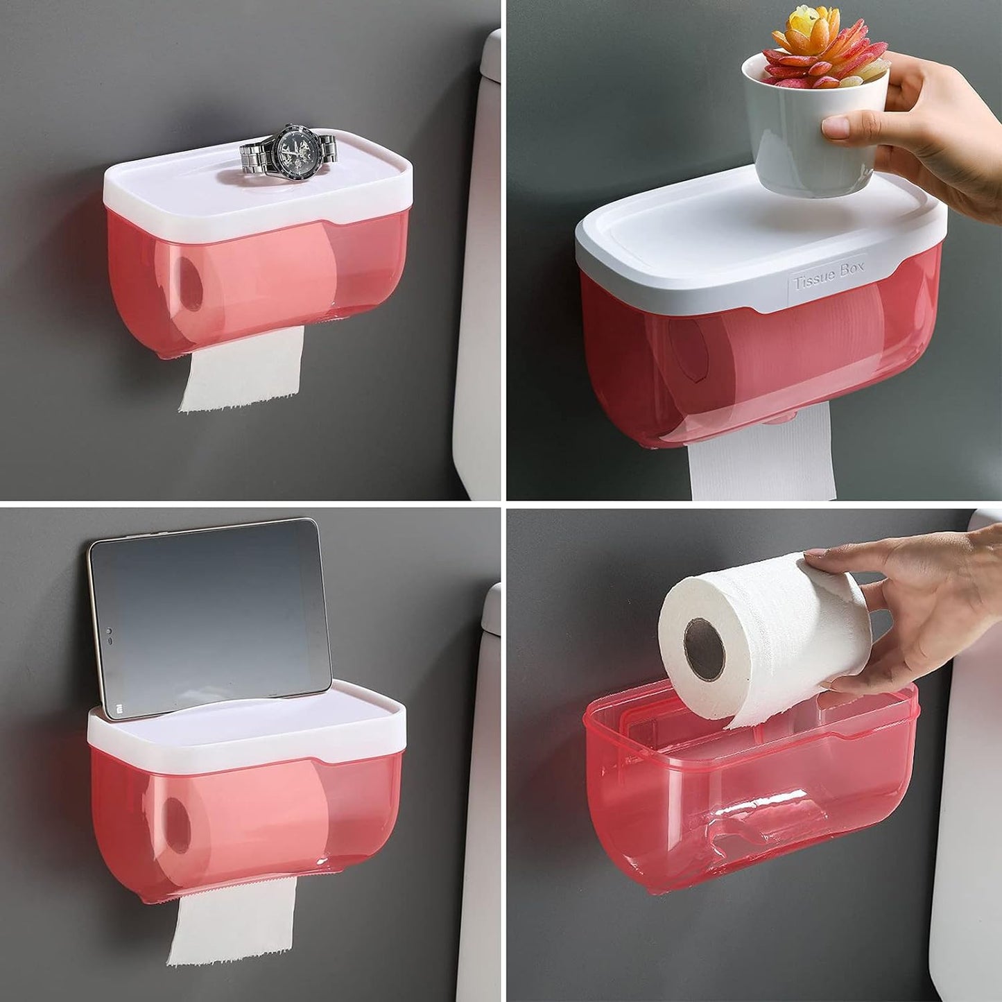 Wukusy 4154 multifunction 2-in-1 bathroom tissue box and phone holder with hook, wall-mounted waterproof bathroom roll holder.