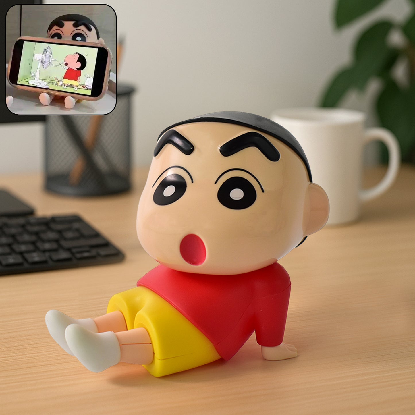 Wukusy Shinchan character sitting figurine, detailed plastic figure of the popular animated boy in a seated pose.