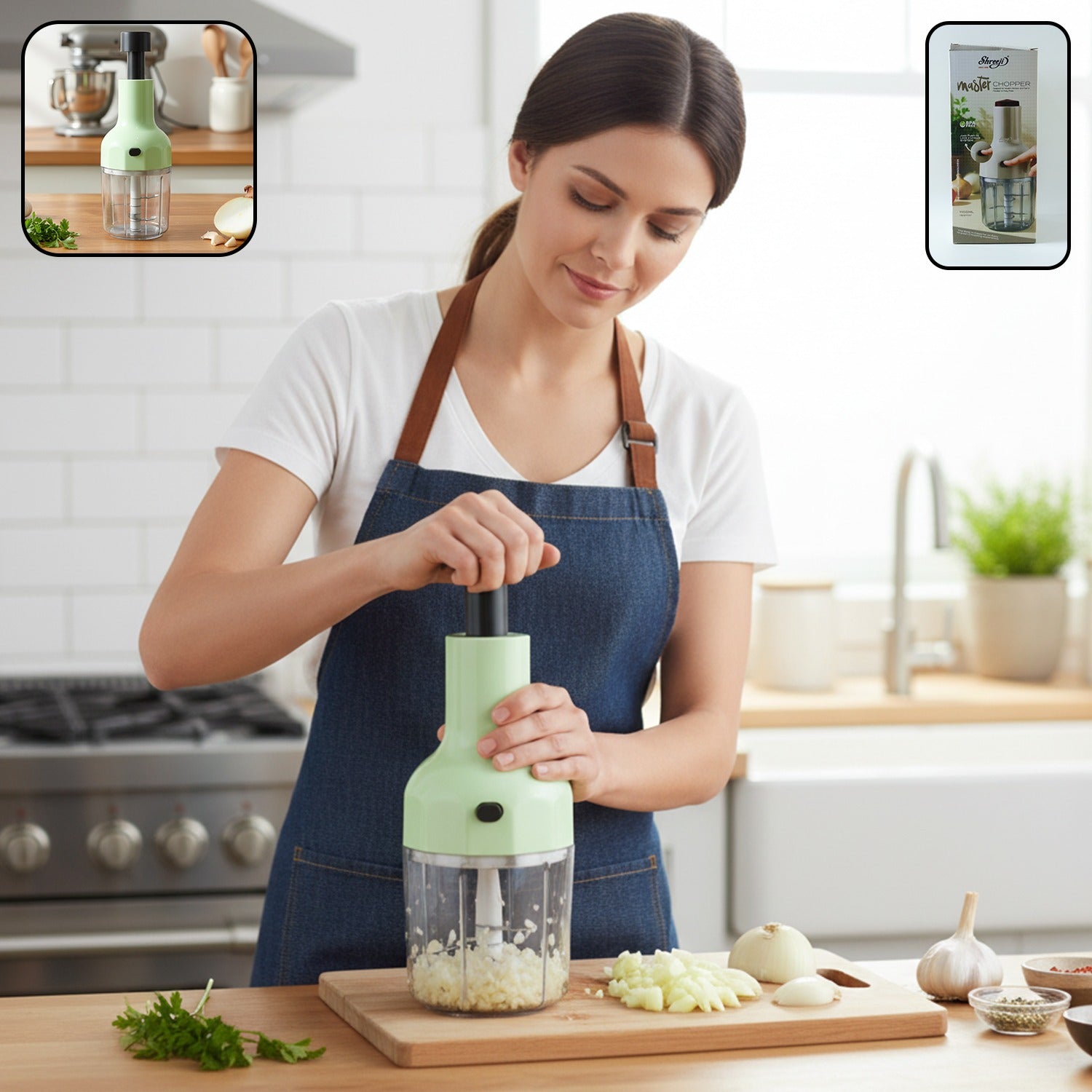 Wukusy manual push vegetable chopper with 1100 ml capacity, featuring stainless steel blades and a clear plastic container.