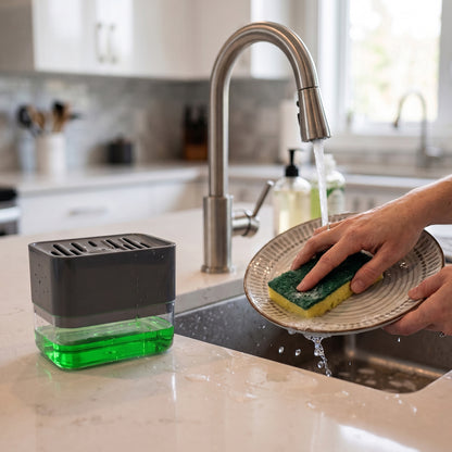 Wukusy soap dispenser with sponge holder set, clear plastic container and integrated sponge compartment for kitchen or bathroom use