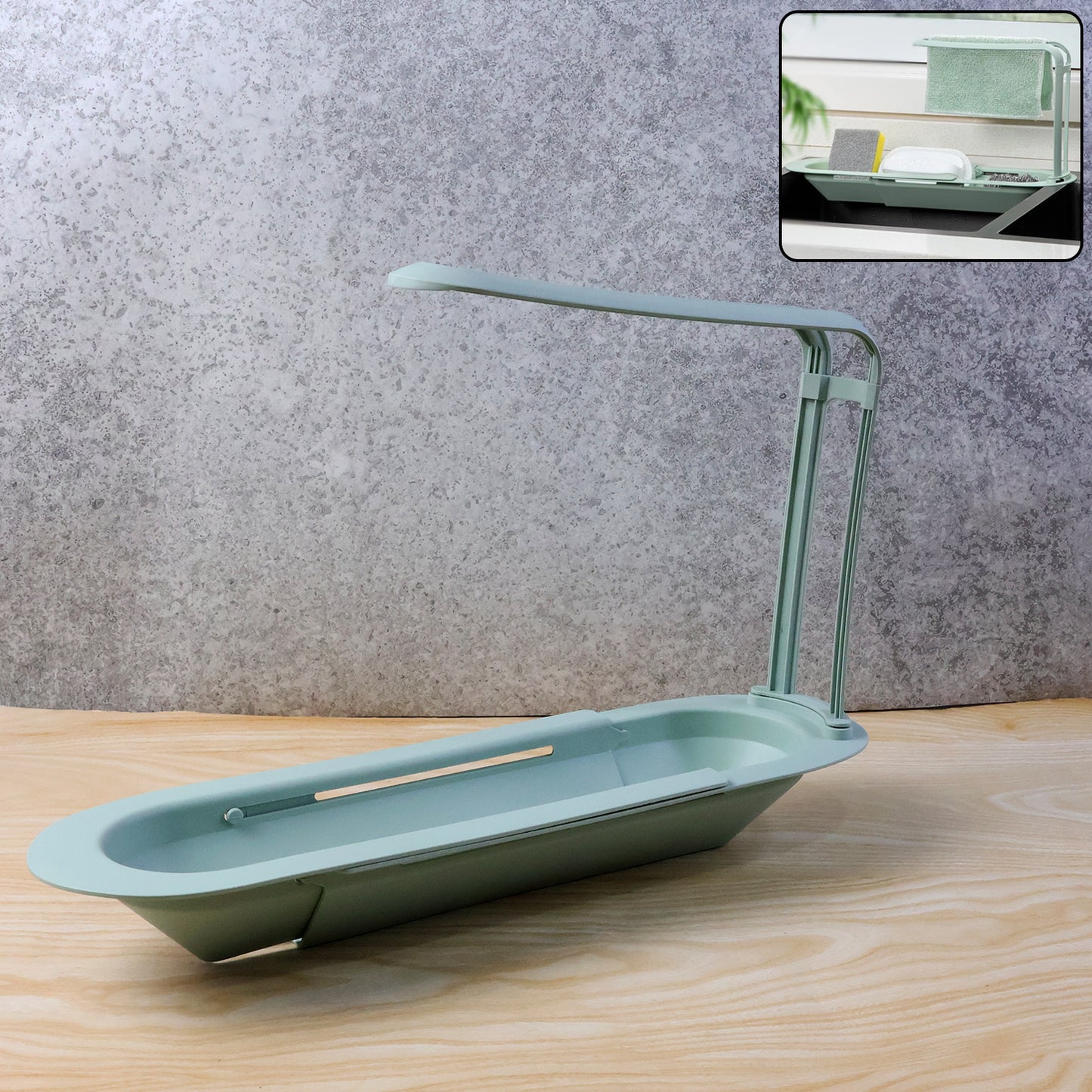 Wukusy plastic telescopic sink storage rack extending over kitchen sink with multiple compartments for organization