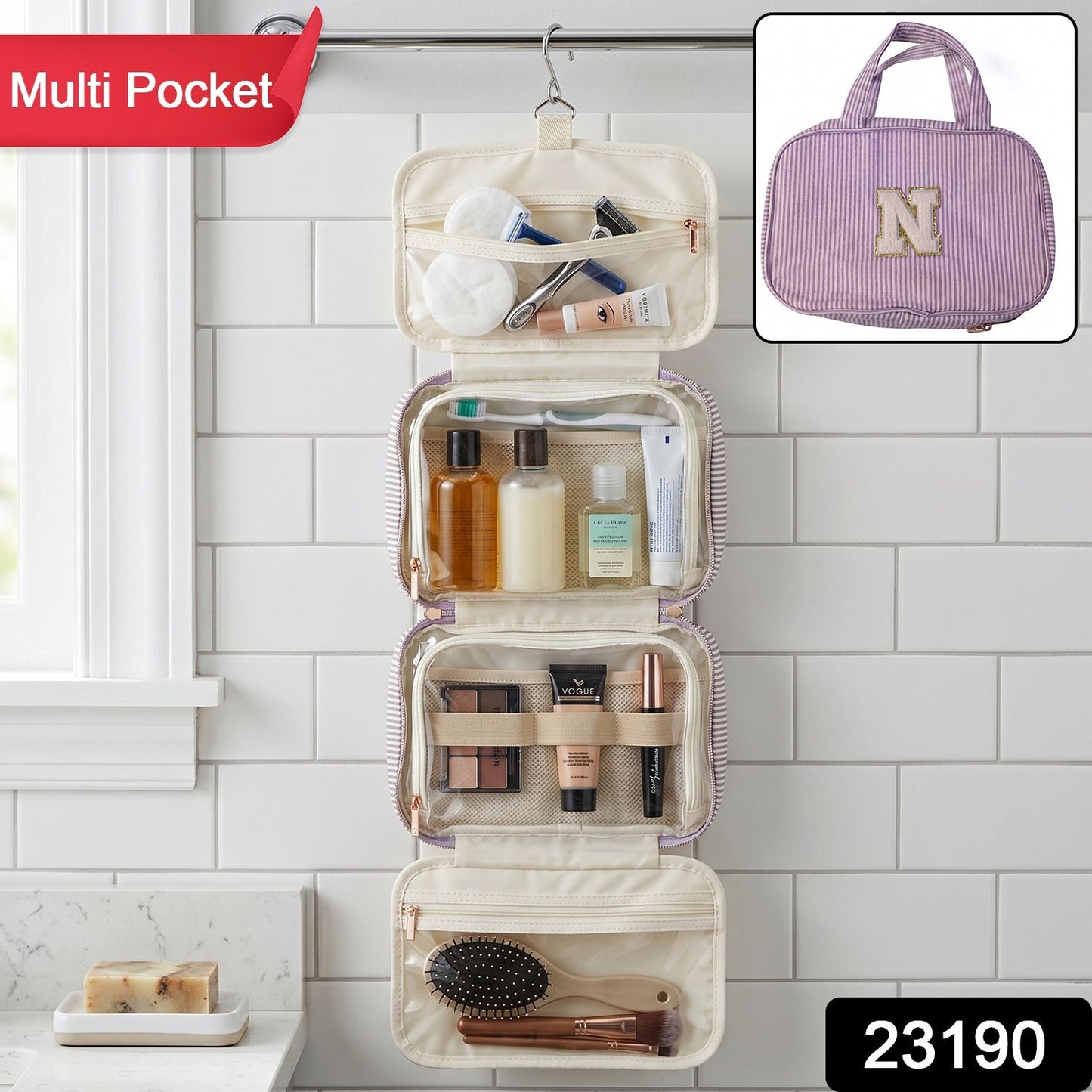 Wukusy travel multi-pocket toiletry bag with hanging cosmetic organizer showing multiple compartments and zipper closures.