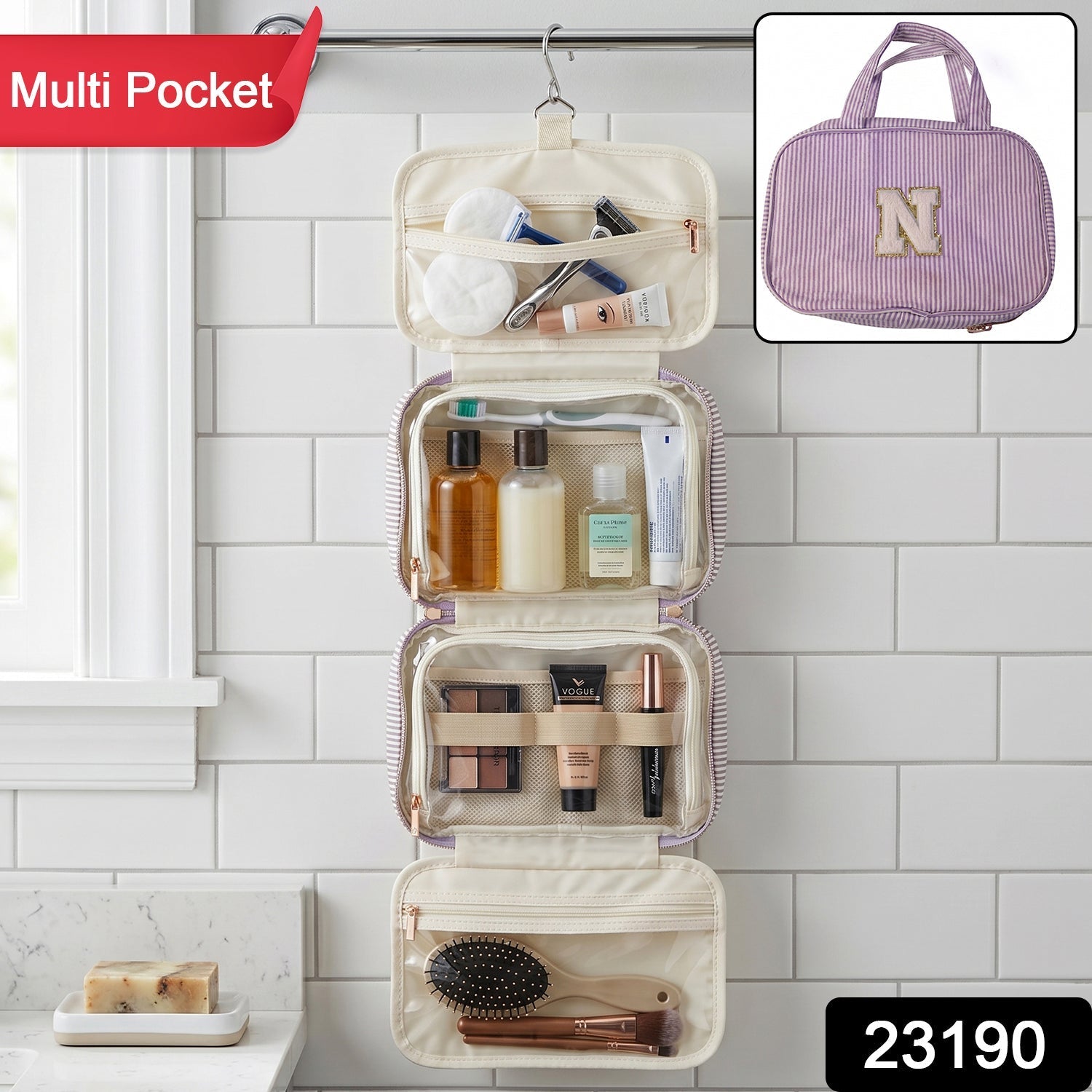Wukusy travel multi-pocket toiletry bag with hanging cosmetic organizer showing multiple compartments and zipper closures.