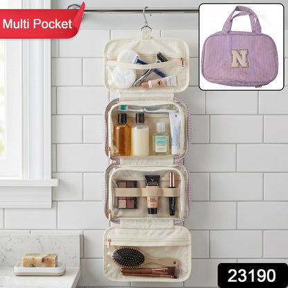 Wukusy travel multi-pocket toiletry bag with hanging cosmetic organizer showing multiple compartments and zipper closures.