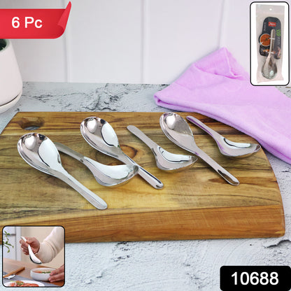 Set of six Wukusy Apex Premium stainless steel soup spoons with polished handles, ideal for serving and dining in the kitchen.