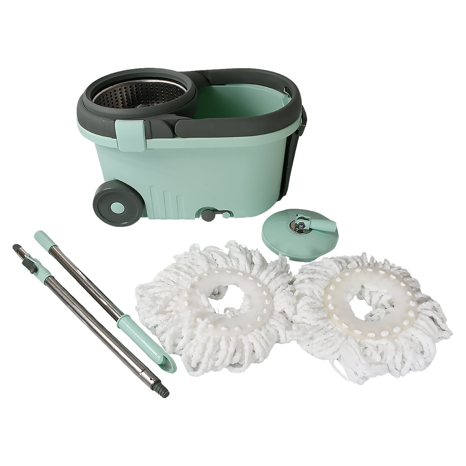 Wukusy Ganesh Quick Spin Mop with steel bucket, microfiber heads, easy wheels, and refills for efficient floor cleaning.