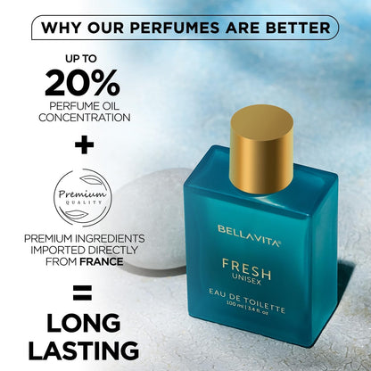 Wukusy Bellavita Premium Fresh Unisex Eau de Toilette 100ml perfume bottle with sleek design and clear label.
