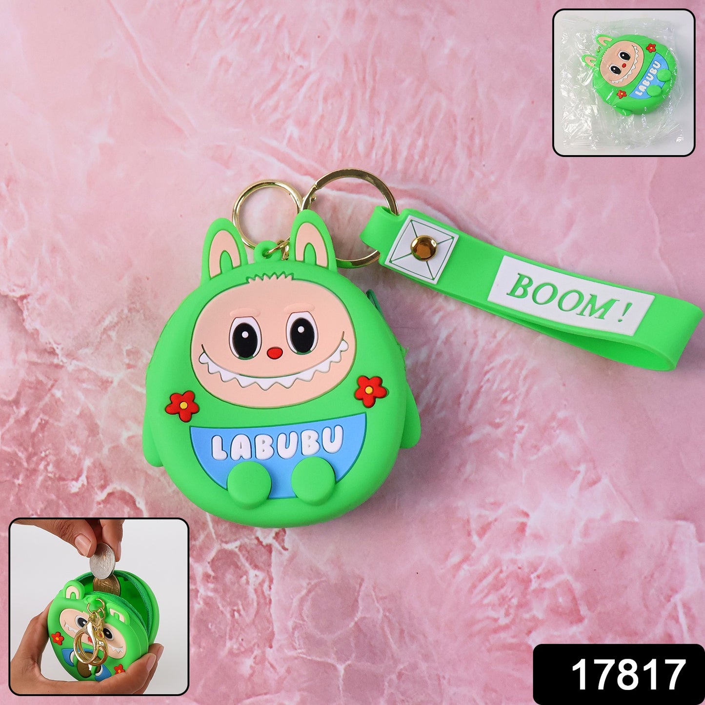 Wukusy cute cartoon character coin pouch with keychain and wrist strap, featuring colorful animated design and zipper closure.