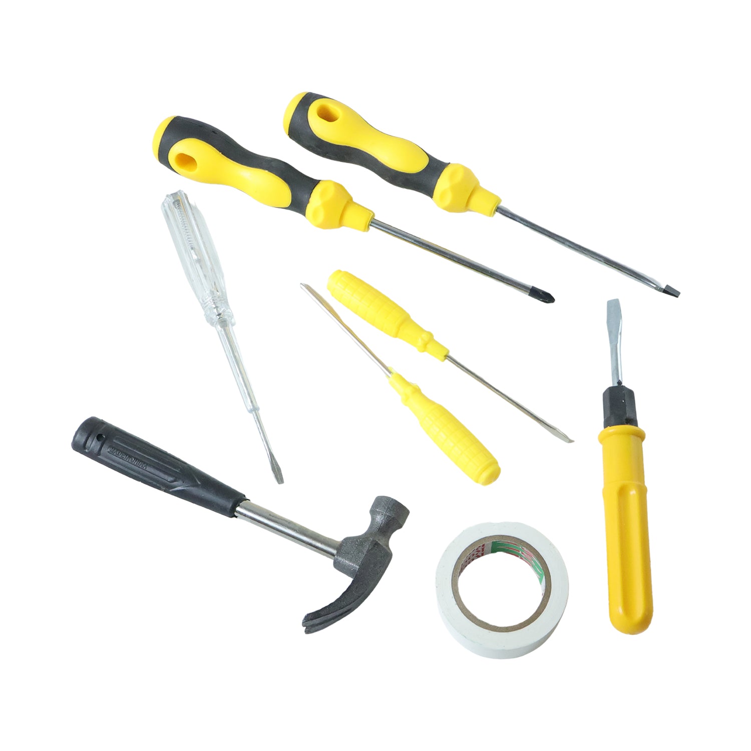 Wukusy 8-in-1 hand tool kit set with screwdriver, hammer, and repair tools in mixed colors, compact and versatile for household repairs.
