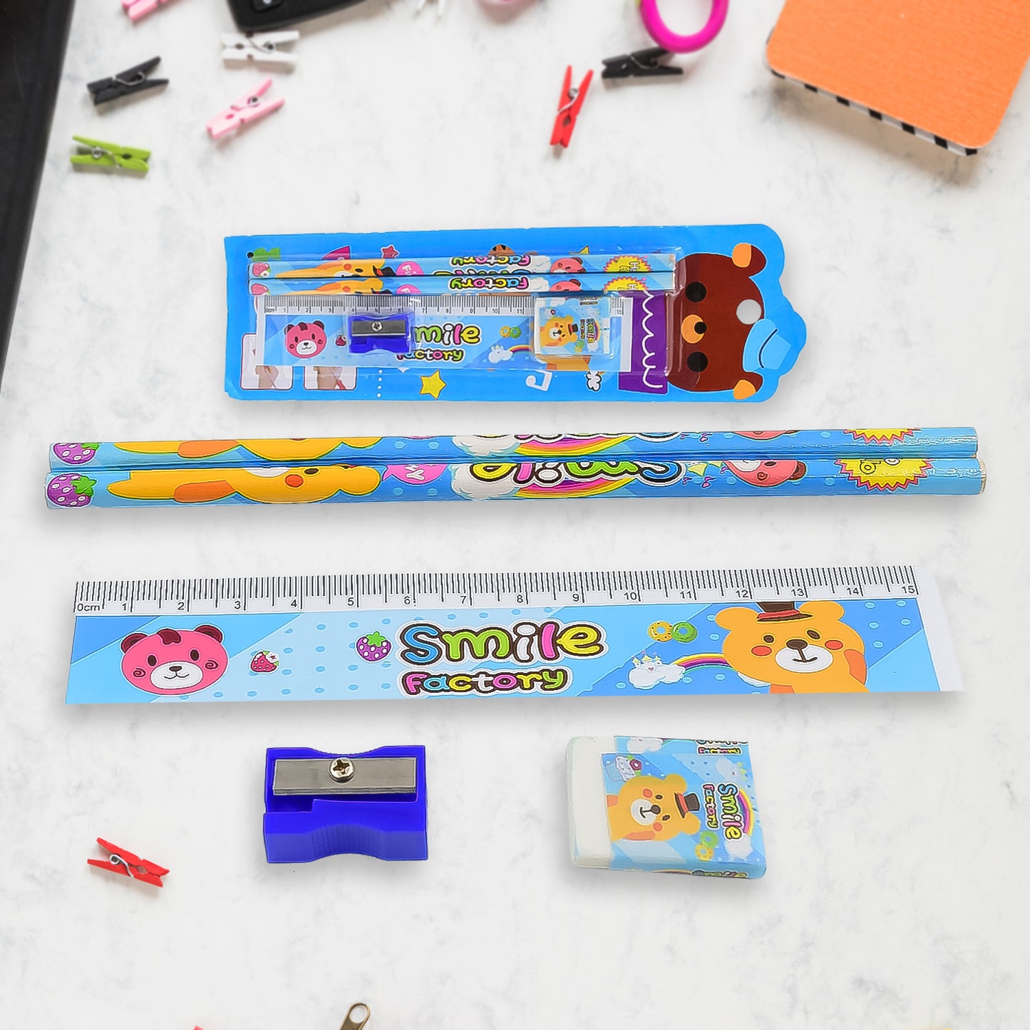 Wukusy cartoon wooden pencil set for kids featuring pencils, erasers, sharpeners, and space-themed stationery for birthday gifts