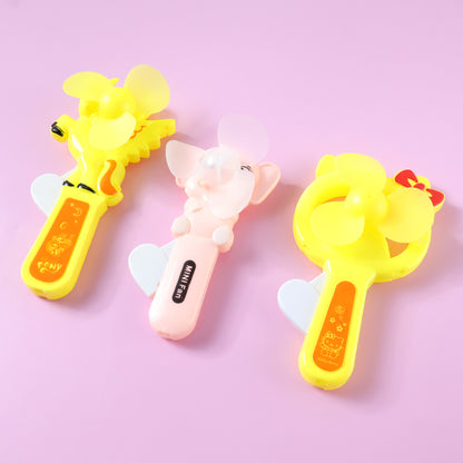 Mini portable cartoon fan toy by Wukusy, featuring a colorful hand press design and playful mixed color accents.