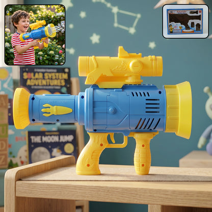 Wukusy automatic rechargeable bubble gun toy with lights, designed for kids, producing colorful bubbles in action.