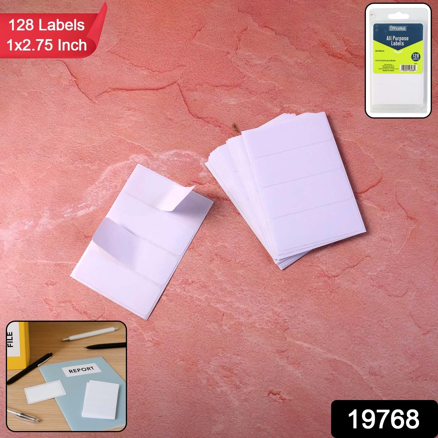 Wukusy premium all purpose adhesive white labels on a sheet, ideal for office use, showing 128 labels with clean, smooth surfaces.