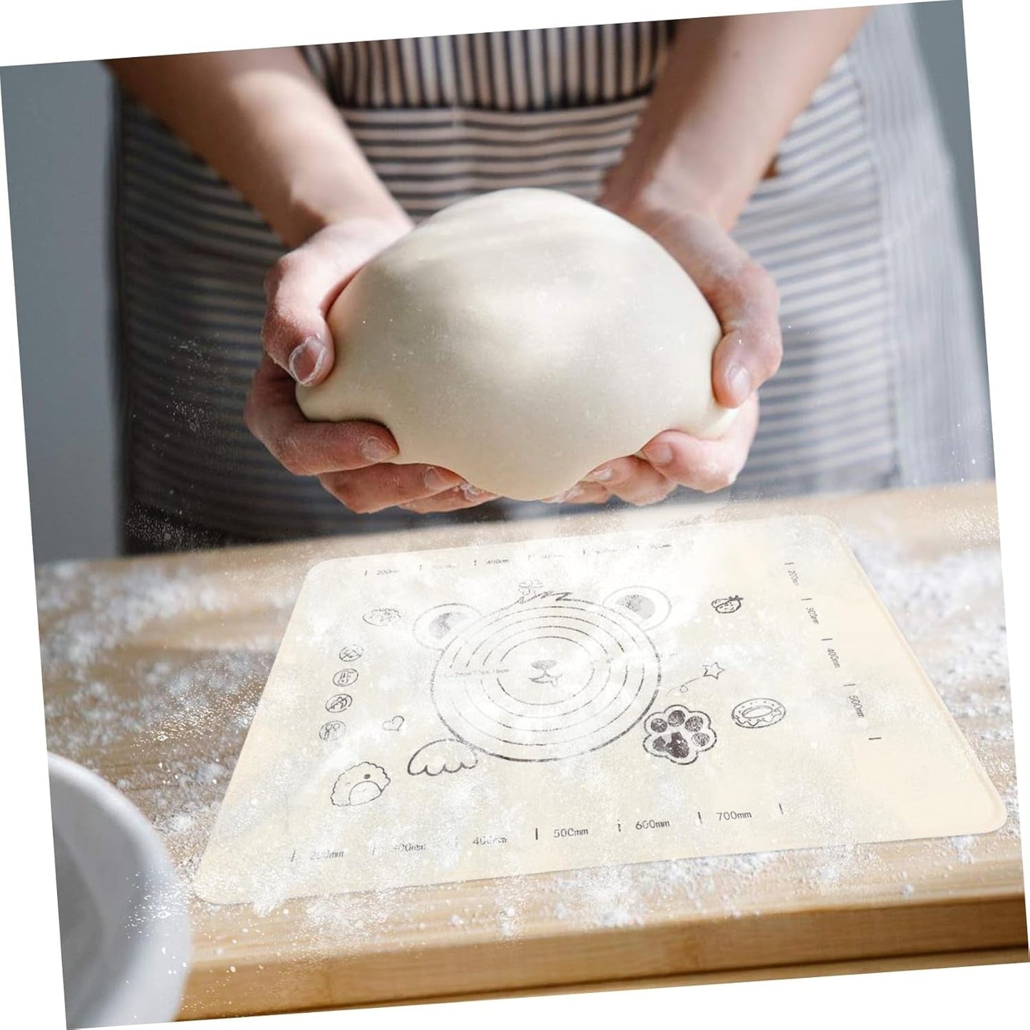 Wukusy 3-in-1 low silicone baking mat set with wooden belan and cake scraper, ideal for rolling and decorating baked goods.