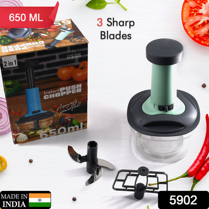 Wukusy 5902 push chopper manual food and vegetable chopper with 3 stainless steel blades for kitchen use.